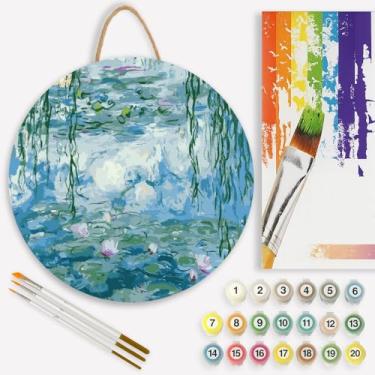 Imagem de Kit de pintura de jardim de lírio d'água por números para adultos em tábua de madeira – Kit de pintura artesanal de madeira de lago inspirado em Monet, redondo de 30 cm, conjunto de tinta acrílica