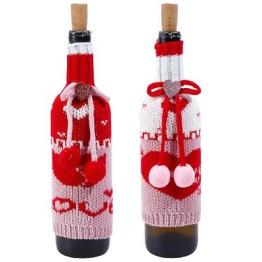 Imagem de GORGECRAFT 2 estilos de capa de garrafa de vinho de coração vermelho de malha para dia dos namorados, capas reutilizáveis feitas à mão, enfeite de bola decorativo para decoração de mesa de jantar de