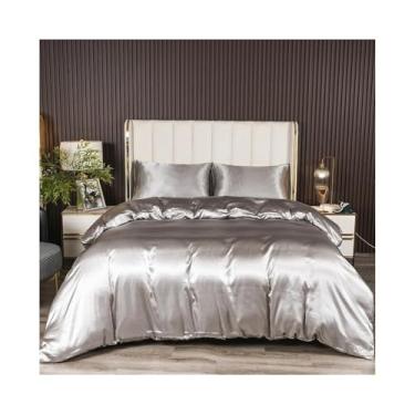 Imagem de Conjunto de 3 peças de capa de edredom de cetim luxuoso e sedoso com laços de canto e fecho de zíper (sem edredom e lençol) (EU King-220x240)