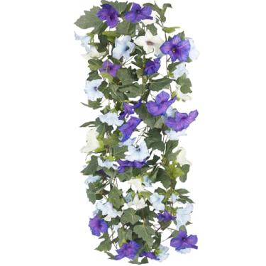 Imagem de CISDUEO 2 peças de videiras artificiais de seda guirlanda de glória matinal para manto, flores penduradas, plantas, petúnias falsas para decoração de casa, cerca de parede, escada, caixa de correio ao
