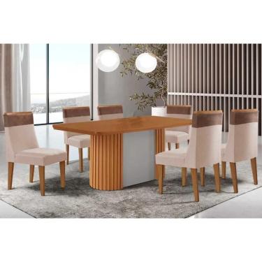 Imagem de Conjunto Sala de Jantar Pilar c/ Tampo Madeirado Canto Curvo 180x90cm e 6 Cadeiras Jaspe Madeira Maciça Naturale/Off White - Capuccino/Suede Creme-Ruf