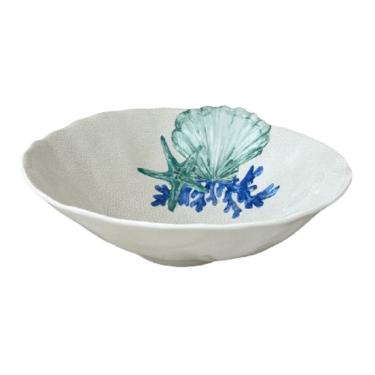 Imagem de Bowl Saladeira de Melamina Bege C/Desenho Marinho Concha do Mar Azul 3,3 Litros 30,5x10,5cm Entrecasa