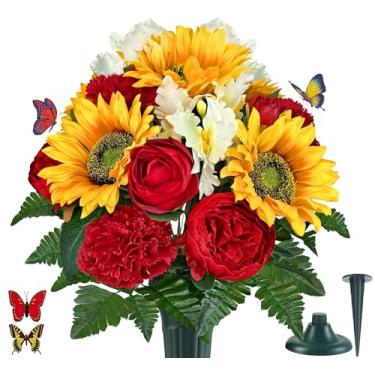 Imagem de SUHOOKOO Flores de cemitério com vasos para decoração de túmulos, hibisco, girassol, cattelan, camélia