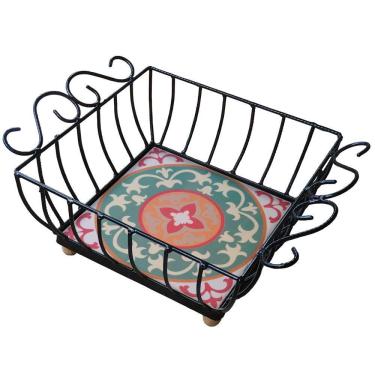 Imagem de Fruteira De Mesa Ferro E Azulejo Quadrada Grande Pra Cozinha Azulejo G2