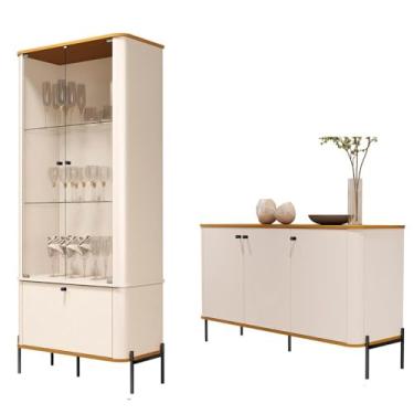 Imagem de Conjunto Cristaleira e Aparador Buffet Tucupí com 3 Portas Off White/nature/preto