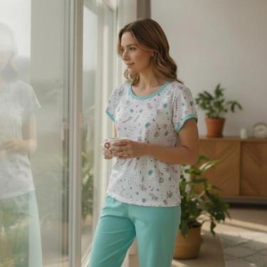 Imagem de Pijama Feminino Pescador Senhora Manga Curta Bermuda Roupa Feminina - 