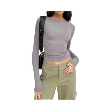 Imagem de Camiseta Cropped Feminina De Manga Longa Y2K, Slim Fit, Casual, Pullov