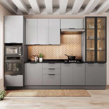 Imagem de Cozinha 6 Peças com Paneleiro para Forno e Micro-ondas com Vidro Fumê e Iluminação Lumina Cinza