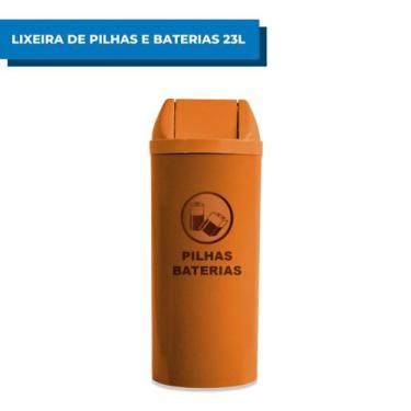 Imagem de Lixeira Plástica Laranja Tampa Basculante e Adesivo Pilhas e Baterias 