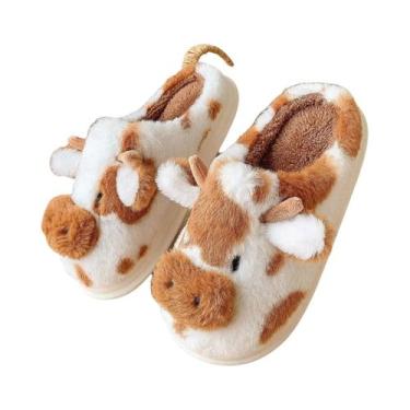 Imagem de Pantufas Femininas De Pelúcia Fofas Com Desenho De Vaca, Elegantes E M