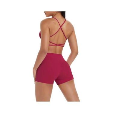 Imagem de Conjunto De Yoga Feminino De Cintura Alta Com Top Halter E Shorts De T