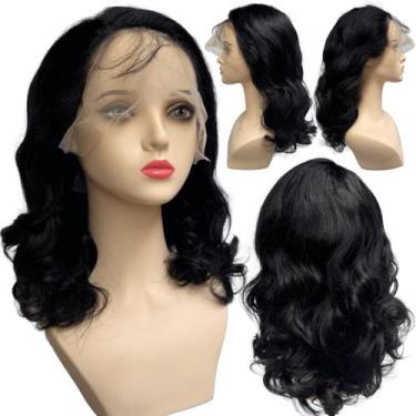 Imagem de Peruca front lace HD humana ondulada preto natural 40cm - LIONSWIG