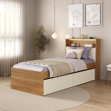 Imagem de Cama Solteiro 2 Gavetas e Cabeceira Nicho com Led 100% Mdf Aurora Carvalho Hanover/Argila