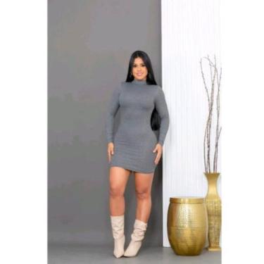 Imagem de Vestido Feminino Manga Longa Canelado Justo Curto Tubinho Moda Inverno