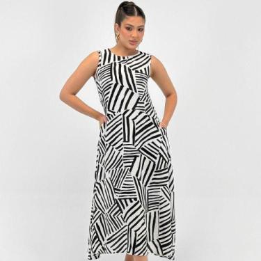 Imagem de Vestido Malwee Regata Midi Estampado Feminino, PP, Off white, Preto