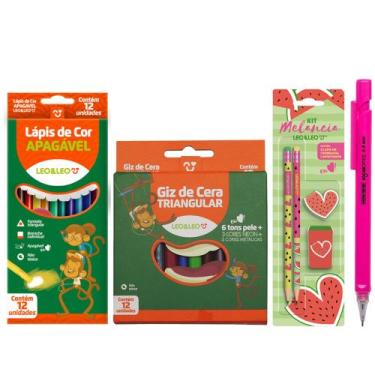 Imagem de Kit Material Escolar Lápis de cor apagável + Giz de cera Triangular 29