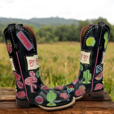Imagem de Bota Texana Feminina Goyazes Couro Legítimo Preto Bico Quadrado Bordad