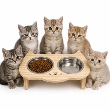 Imagem de Comedouro Elevado Gato Gatinho Em Madeira e Inox 2 Potes - Fabricação 