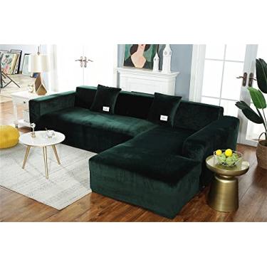 Imagem de Capa de sofá em forma de L, capa de sofá seccional superespessa para 1 ② ③ Capas de sofá elásticas de veludo elástico de 4 lugares em forma de L - verde escuro 3 lugares (19