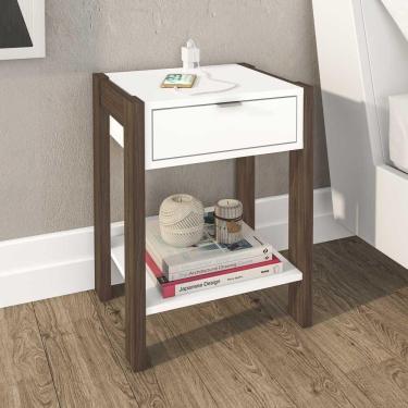 Imagem de Mesa de Cabeceira  1 Gaveta Com Tomada Az1016 Branco/nogal. - Tecno Mobili
