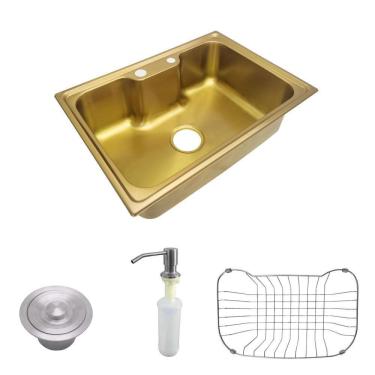 Imagem de Cuba Pia Gourmet Luxo Prizi Lung Dourada Aço Inox 201 42x60cm Kit Completo