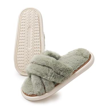Imagem de Pantufas femininas felpudas macias forradas de pelúcia para uso interno ao ar livre aconchegante com espuma de memória chinelos com faixa cruzada para mulheres com bico aberto para sapatos de casa