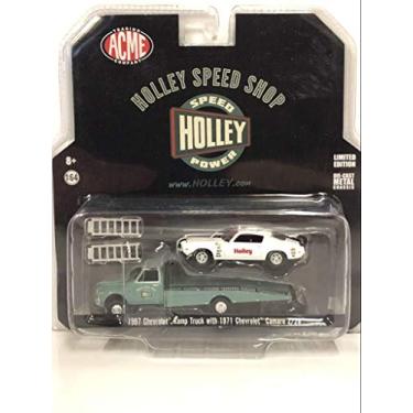 Imagem de 1967 Chevrolet Ramp Truck Turquoise and 1971 Chevrolet Camaro Z/28 White with Black Stripe Holley Speed Shop Acme Exclusive" 1/64 Diecast Model Cars by Greenlight for Acme"""""""