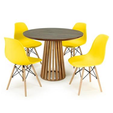 Imagem de Conjunto Mesa de Jantar Redonda Luana Amadeirada Natural 100cm com 4 Cadeiras Eames Eiffel - Amarelo