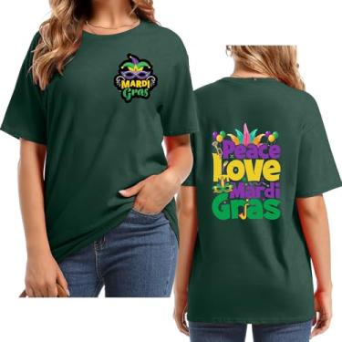 Imagem de UIFLQXX Peace Love Mardi Camiseta feminina com estampa de letras, gola redonda, manga curta, plus size, roupas casuais divertidas Carnaval, Verde, XG