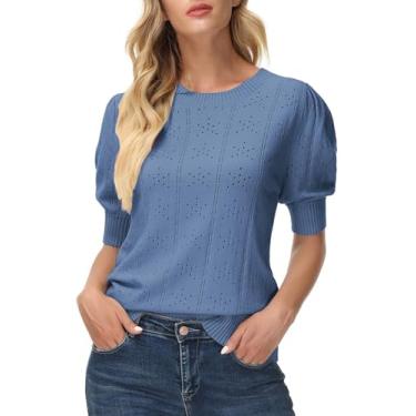 Imagem de GRACE KARIN Suéter feminino leve e fino de verão pulôver fofo de manga curta pulôver blusa de malha, Azul claro C, GG