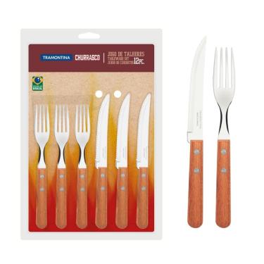 Imagem de Jogo de Talheres Faqueiro Inox com Cabo de Madeira 12 peças Tramontina para Churrasco Pizza Serve 6 Pessoas