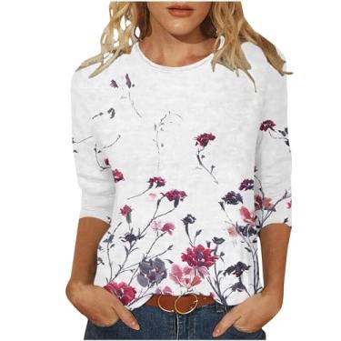 Imagem de Camisetas femininas com manga 3/4 para sair com estampa de flores, camisetas soltas, gola redonda, confortável, leve, Branco, GG