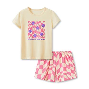 Imagem de Tebbis Pijama feminino de algodão confortável pijama listrado verão curto tamanho 6-16, Xadrez rosa, 16