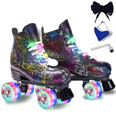 Imagem de Patins femininos e masculinos - Patins de rolo de microfibra de couro clássico de cano alto com fileira dupla para uso interno e externo com cadarços iluminados (Flash Wheel, 40-US masculino 7,5 =