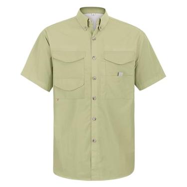 Imagem de Alimens & Gentle Camisa de pesca de manga curta com tecido absorvente proteção solar camisas casuais de botão, Amarelo cáqui, M
