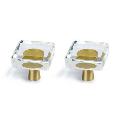 Imagem de JEREVER Pacote com 2 maçanetas de cristal de vidro, puxador de gaveta de latão, ferragens douradas para cômoda e cozinha (quadrada)