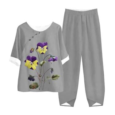 Imagem de Conjunto feminino de 2 peças de linho, estampa floral, blusa e calça capri de cintura alta, conjunto combinando para idosos do meio, Cinza, 5X-Large
