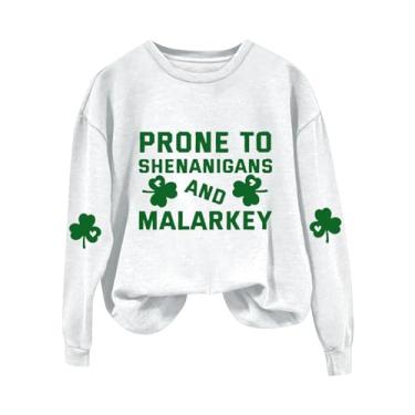 Imagem de Camiseta feminina de verão com estampa de trevo irlandês verde e manga comprida St Patricks Day Shirts, Branco, XXG