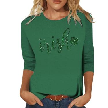 Imagem de Camisetas femininas do Dia de São Patrício verde trevo irlandês da sorte, túnica verde, camisetas básicas de verão, Dourado, 5G