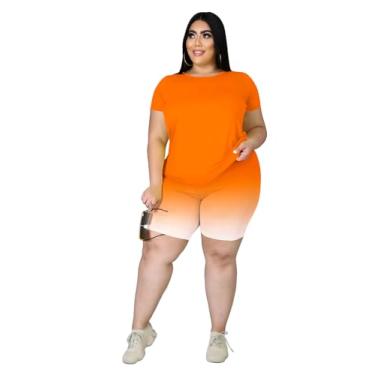 Imagem de Tycorwd Roupas plus size de duas peças para mulheres conjuntos de moletom de verão jogger shorts com estampa casual conjuntos de agasalho, Laranja gradual, 3X-Large