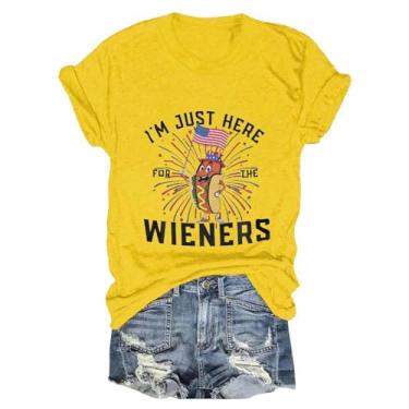 Imagem de Camiseta feminina de verão, estampa cachorro-quente, blusas Dia da Independência, túnica de 4 de julho, camiseta de festa de verão, Amarelo, 3G