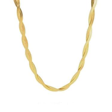 Imagem de Loqimu Colar de corrente de ouro torcido, espinha de peixe, para mulheres e adolescentes, de aço inoxidável, corrente de cobra, gargantilha com dois fios de envoltório e clavícula com elos ajustáveis,