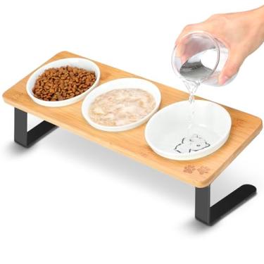 Imagem de 3 Tigelas elevadas para gatos inclinadas antivômito, para comida e água, pratos de gato para gatos de interior com suporte antiderrapante e placa de bambu, podem ser lavados na lava-louças – Montagem em 1 etapa