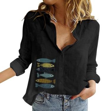 Imagem de Camiseta feminina de linho com estampa de peixe, gola V, botões, manga comprida, cor sólida, túnica de verão, Preto, M