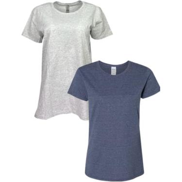 Imagem de Gildan Camiseta feminina de algodão pesado, estilo G5000L, pacote com 2, Cinza/azul marinho mesclado, M