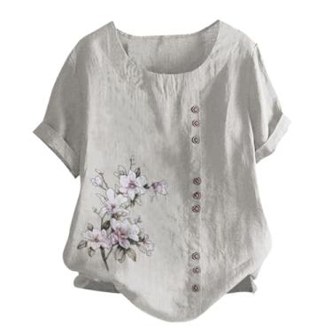 Imagem de Camiseta feminina de algodão e linho, manga curta, gola redonda, casual, solta, blusa floral com botões, Cinza, G