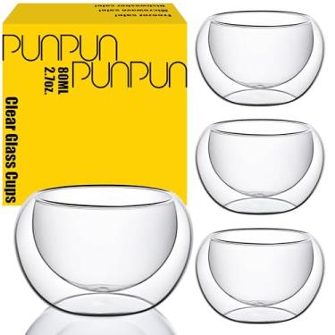 Imagem de Conjunto de 4 copos de chá PunPun de vidro borossilicato de parede dupla - conjunto de xícaras de café à prova de calor - vidro para xícaras de chá - 70 g Caixa de presente Demitasse de 80 ml feita à mão sem chumbo