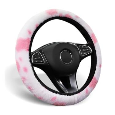 Imagem de ALEMODR Capa de volante de pelúcia com estampa de vaca rosa fofa universal 38 cm para mulheres e meninas
