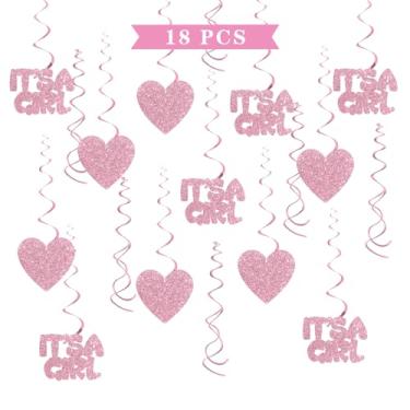 Imagem de Maicaiffe Decorações de redemoinho para pendurar It's a Girl - Glitter 18 peças de artigos de festa para revelação de gênero - serpentinas de chá de bebê - Decoração de teto Welcome Baby Girl 1st