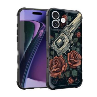 Imagem de EFGWSDER Capa para iPhone 16, [camada dupla][proteção contra quedas de grau militar de 3,5 metros] Capa resistente à prova de choque para iPhone 16 de 6,1 polegadas 2024, armas e flores rosa